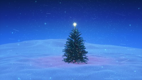 A decorated Christmas tree with a star on top stands alone in a snowy landscape under a blue sky.
