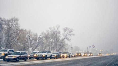 A line of cars on a snowy road, with trees and flags partially visible in a foggy winter landscape.