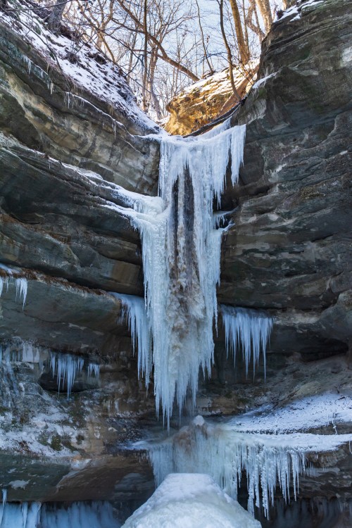 A frozen waterfall cascading down rocky cliffs, surrounded by snow and ice, with trees above.