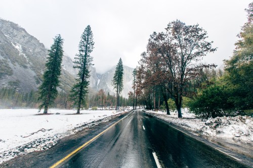 A wet road lined with tall trees, surrounded by snow and misty mountains in a serene, wintry landscape.