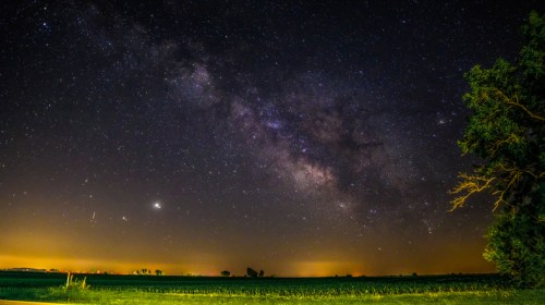 A stunning night sky filled with stars and the Milky Way, above a dark field and silhouetted trees.