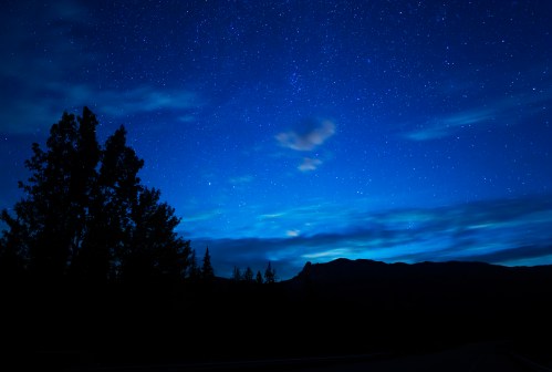A serene night sky filled with stars, silhouetted trees, and distant mountains under a deep blue twilight.