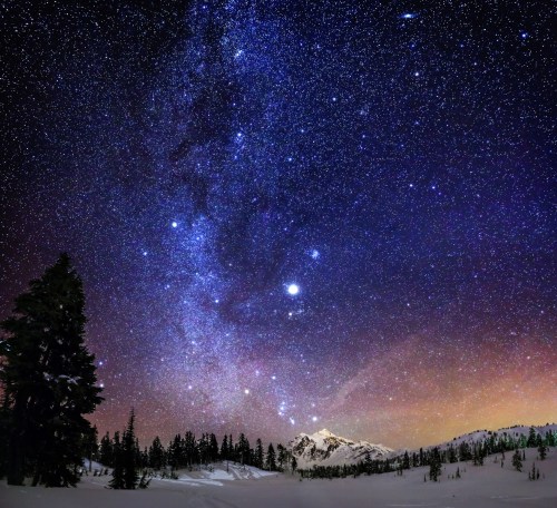 A starry night sky over a snowy landscape, with mountains and trees silhouetted against the vibrant cosmos.