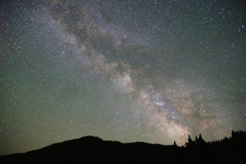 A starry night sky featuring the Milky Way above a silhouette of mountains and trees.