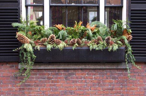A window box filled with greenery, pinecones, and decorative plants against a brick wall.