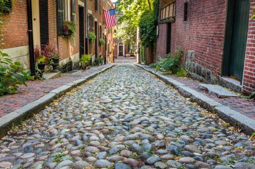 A cobblestone street lined with brick buildings and greenery, featuring an American flag in the background.
