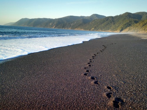 Footprints in the sand lead along a black pebble beach, with waves lapping at the shore and mountains in the background.