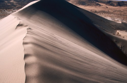 A close-up view of a smooth sand dune, showcasing gentle curves and shadows in a desert landscape.