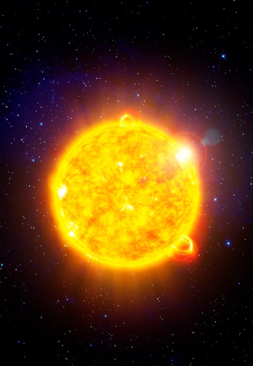 A bright, glowing sun surrounded by stars in a dark, cosmic background.