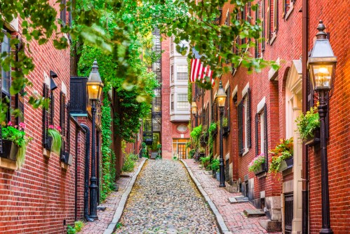 Charming cobblestone alley lined with brick buildings, lanterns, and greenery, featuring an American flag in the background.