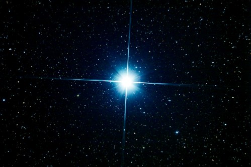 A bright star shines in a dark sky filled with numerous distant stars, creating a stunning cosmic scene.