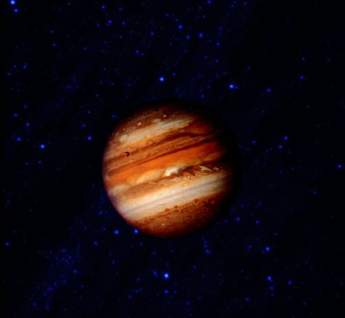 A vibrant image of Jupiter, showcasing its distinctive bands of orange and brown against a starry background.
