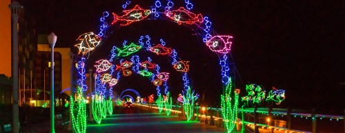 Colorful light displays in the shape of fish and plants illuminate a nighttime walkway.
