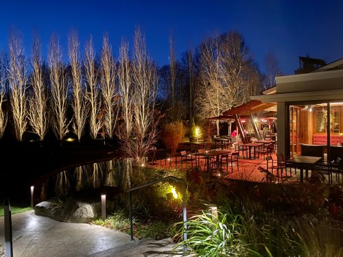 A serene outdoor dining area at night, featuring illuminated trees, a pond, and cozy seating.