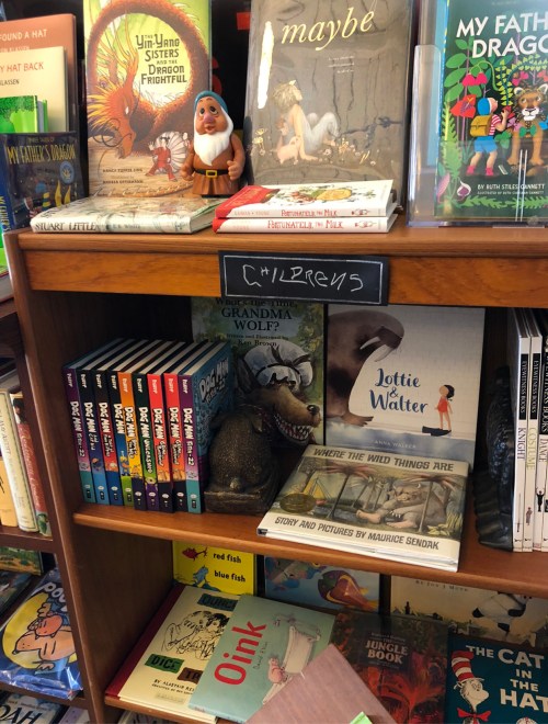 A wooden bookshelf filled with children's books, a gnome figurine, and a dinosaur toy on display.