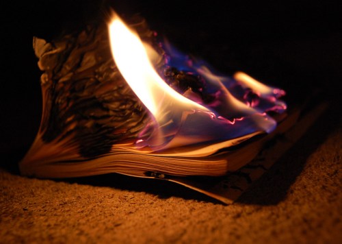 A book with pages on fire, flames flickering and smoke rising against a dark background.