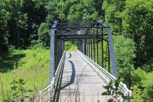 A black metal bridge spans a lush green landscape, surrounded by trees and grass under a clear blue sky.