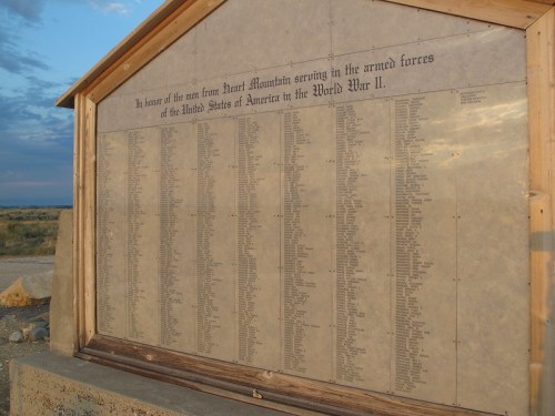 A memorial plaque listing names of men from Heart Mountain who served in the U.S. armed forces during World War II.