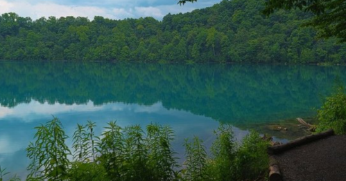 A serene lake surrounded by lush green trees, reflecting the landscape in calm waters under a cloudy sky.
