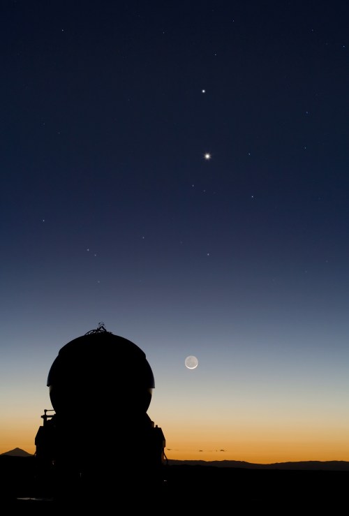 Silhouette of a dome structure against a twilight sky with stars and a crescent moon.