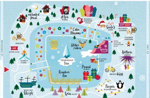 Map of a festive winter event featuring attractions like a giant tree, gift shop, and various themed areas.