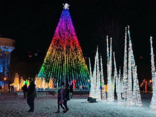 Colorful illuminated Christmas tree with sparkling white trees in a snowy park at night. People walking nearby.
