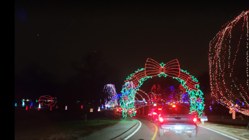 Colorful holiday lights decorate a winding road, featuring festive arches and displays in a nighttime setting.