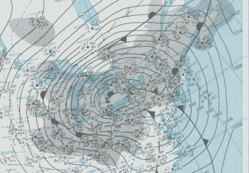 Weather map showing isobars, pressure systems, and precipitation patterns across a region.
