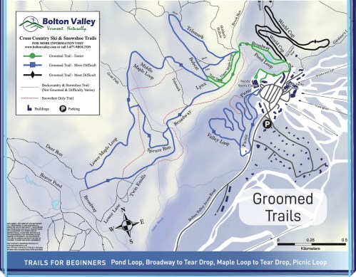 Map of Bolton Valley, Vermont, showing cross-country ski and snowboard trails, including difficulty levels and key features.