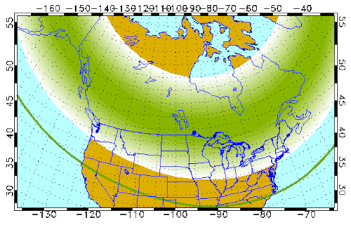 Map of North America showing geographical features and latitude/longitude lines, with color-coded regions.