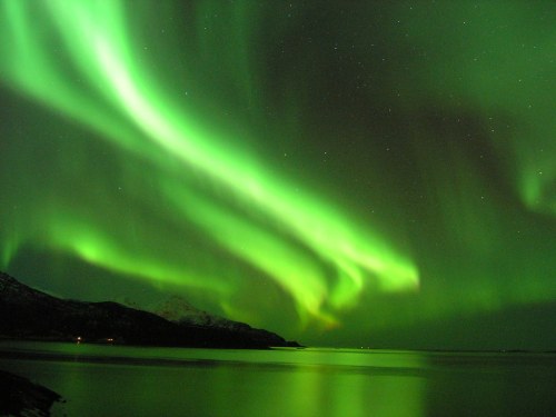 Vibrant green auroras dance across a night sky over a calm, reflective body of water and distant mountains.