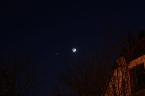 A crescent moon and a bright star shine in a dark night sky, framed by silhouetted tree branches and a house.