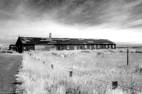 A weathered, abandoned barn with a corrugated roof, surrounded by tall grass and a barbed wire fence under a cloudy sky.