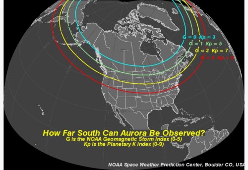 Map showing the extent of aurora visibility in North America, with geomagnetic storm and K index lines indicated.