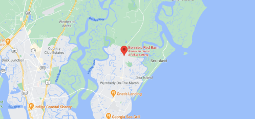 Map showing the location of Bennie's Red Barn, an American eatery in a rural setting near Sea Island, Georgia.