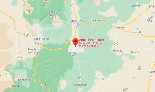 Map showing the location of Angel Fire Resort, a ski resort with lodge rooms and condos in New Mexico.