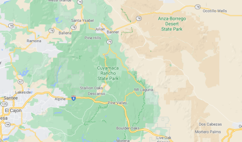 Map showing Cuyamaca Rancho State Park and surrounding areas in California, including nearby towns and parks.