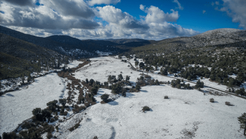 A snowy landscape with rolling hills, scattered trees, and a winding road under a partly cloudy sky.