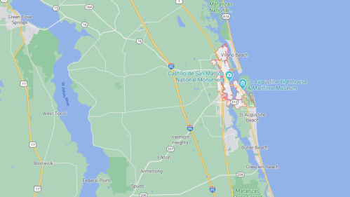 Map showing St. Augustine, Florida, with nearby landmarks like the Castillo de San Marcos and the Maritime Museum.