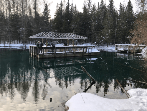 A snowy landscape with a wooden dock on a calm, greenish lake surrounded by evergreen trees.