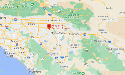 Map showing the location of the Mission Inn Festival of Lights in Riverside, California, with surrounding cities and landmarks.
