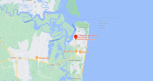 Map showing the location of T-Ray's Burger Station near Fort Clinch State Park, Florida, with nearby landmarks and roads.