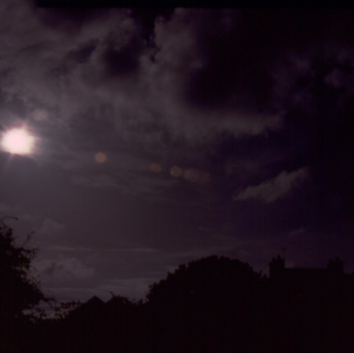 A dark sky with clouds and a bright moon, silhouetting trees and rooftops in the foreground.