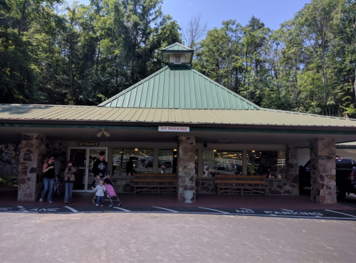 A stone building with a green roof, surrounded by trees, featuring an entrance and a "No Parking" sign. Families are outside.