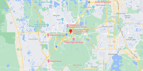 Map showing the area around Orlando, Florida, highlighting hotels and resorts near Disney attractions.