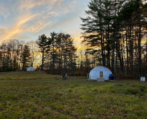 Two geodesic domes in a grassy field at sunset, surrounded by trees and a colorful sky.
