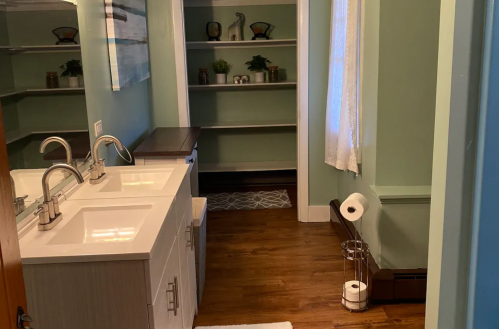 A clean bathroom with dual sinks, wooden accents, and a shelf with plants, featuring a towel rack and toilet paper holder.