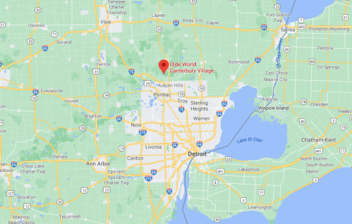 Map showing the location of Olde World Canterbury Village near Detroit, Michigan, with nearby cities and highways marked.