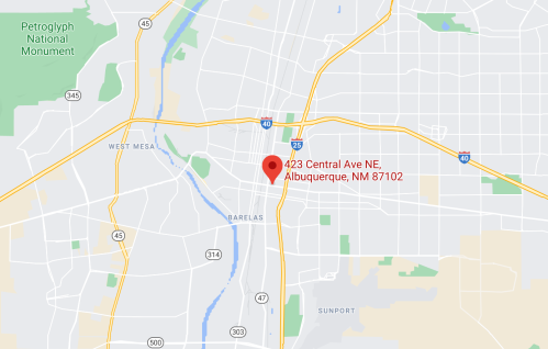 Map showing the location of 423 Central Ave NE, Albuquerque, NM 87102, near Petroglyph National Monument.