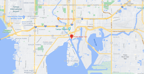 Map of Tampa, Florida, highlighting the location of Pirate Water Taxi near the waterfront and major roads.